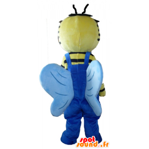 Mascot gul og svart bee med blå kjeledress - MASFR23102 - Bee Mascot