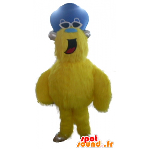 Mascote monstro amarelo, todo peludo, com um chapéu - MASFR23106 - mascotes monstros