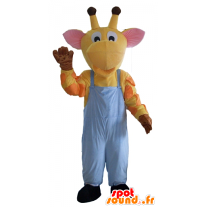 Gelb Giraffen-Maskottchen, orange und pink, Overalls - MASFR23108 - Giraffe-Maskottchen