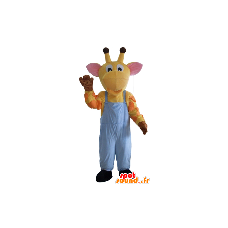 Gelb Giraffen-Maskottchen, orange und pink, Overalls - MASFR23108 - Giraffe-Maskottchen