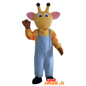 Gele giraffe mascotte, oranje en roze overalls - MASFR23108 - mascottes Giraffe