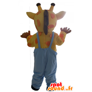 Gelb Giraffen-Maskottchen, orange und pink, Overalls - MASFR23108 - Giraffe-Maskottchen