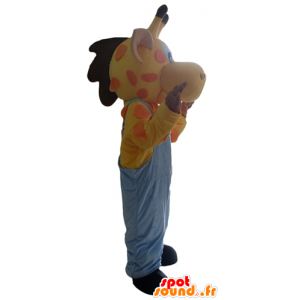 Gul, orange og lyserød girafmaskot i overall - Spotsound maskot