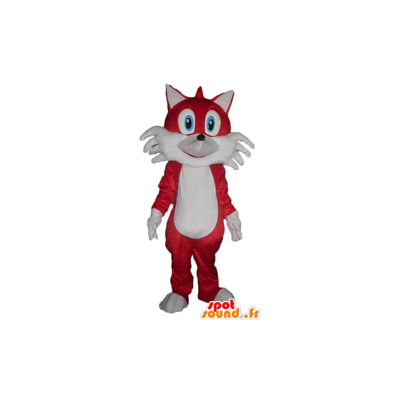 Rød og hvid rævmaskot med blå øjne - Spotsound maskot kostume
