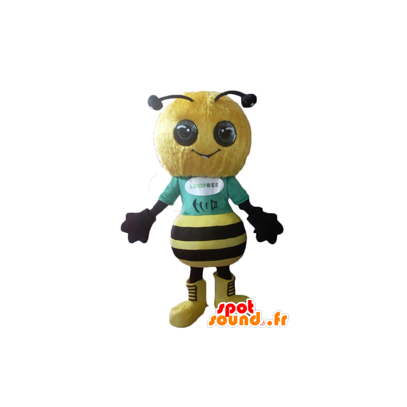 Mascotte d'abeille jaune et noire, très réussie et souriante - MASFR23116 - Mascottes Abeille