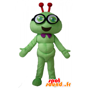 Mascotte de chenille verte, d'insecte souriant, avec des lunettes - MASFR23117 - Mascottes Insecte