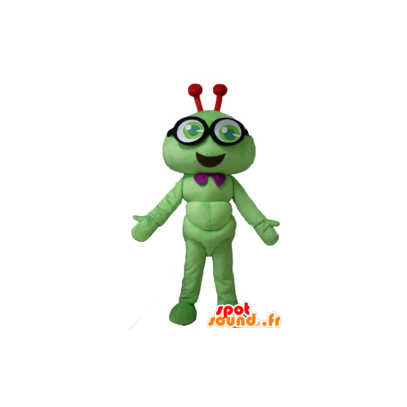 Mascotte de chenille verte, d'insecte souriant, avec des lunettes - MASFR23117 - Mascottes Insecte