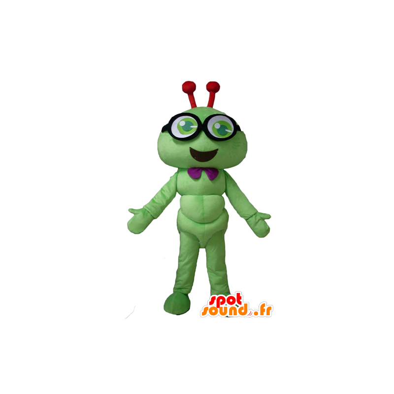 Mascotte groene rups, glimlachend insect, met een bril - MASFR23117 - mascottes Insect