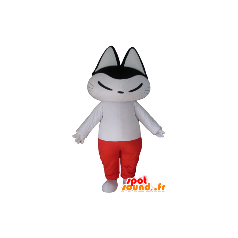 Mascotte de chat noir et blanc, en tenue blanche et rouge - MASFR23129 - Mascottes de chat