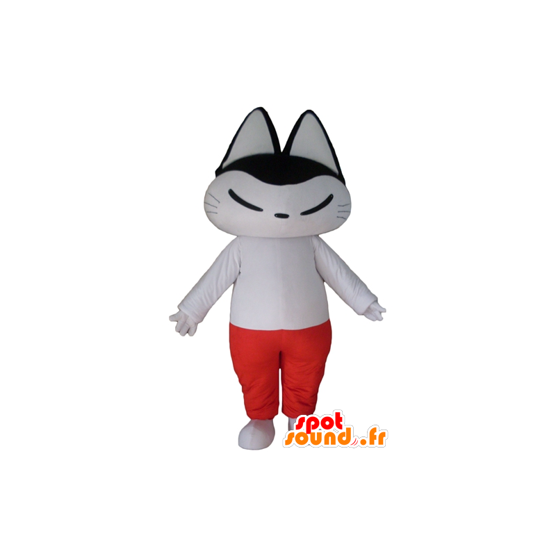 Zwart-witte kat mascotte, witte en rode outfit - MASFR23129 - Cat Mascottes