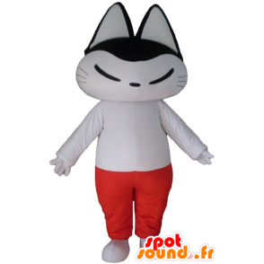 Zwart-witte kat mascotte, witte en rode outfit - MASFR23129 - Cat Mascottes