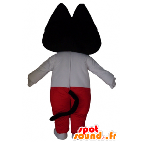 Mascotte de chat noir et blanc, en tenue blanche et rouge - MASFR23129 - Mascottes de chat