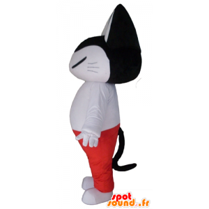 Mustavalkoinen kissa maskotti, valkoinen ja punainen asu - MASFR23129 - kissa Maskotteja