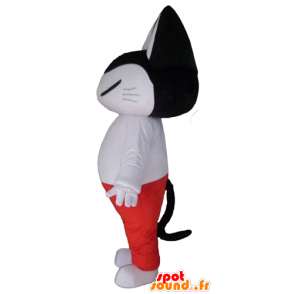 Mascotte de chat noir et blanc, en tenue blanche et rouge - MASFR23129 - Mascottes de chat