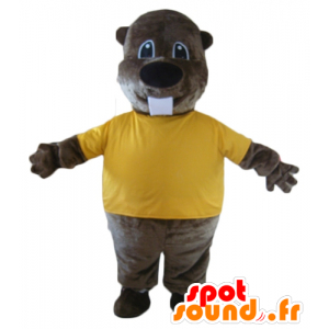 Mascotte di castoro marrone, con una t-shirt gialla - MASFR23131 - Castori mascotte