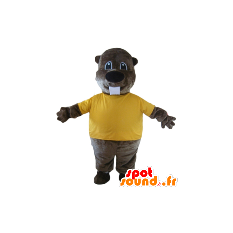 Brun bævermaskot med en gul t-shirt - Spotsound maskot kostume