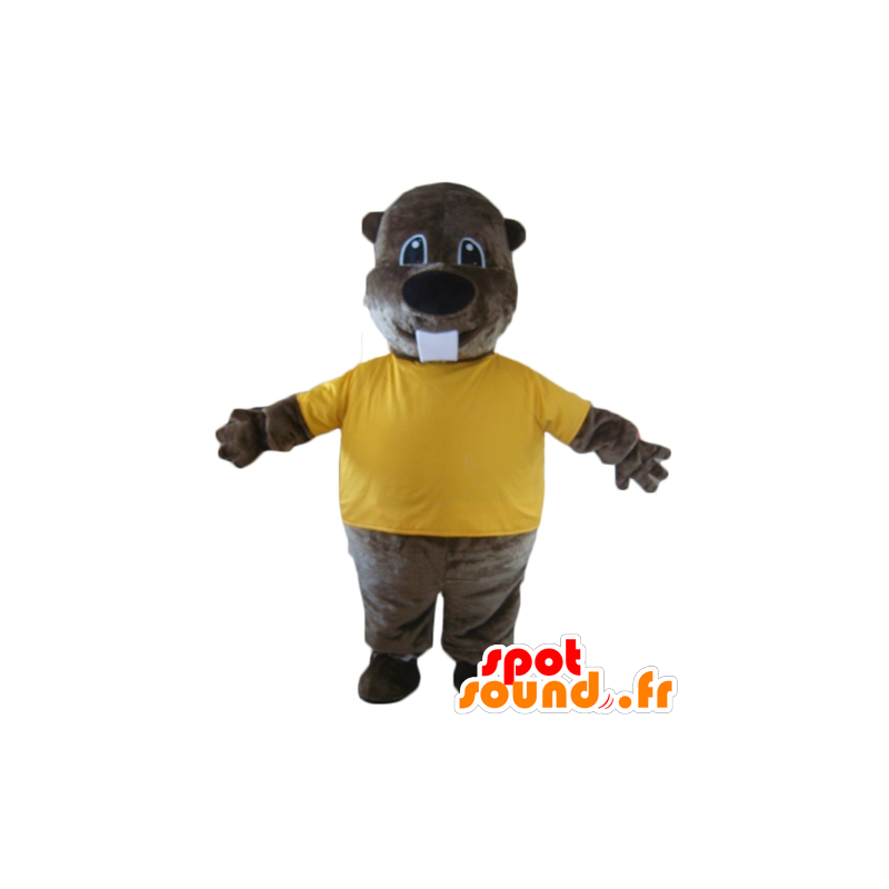 Mascotte de castor marron, avec un t-shirt jaune - MASFR23131 - Mascottes de castor