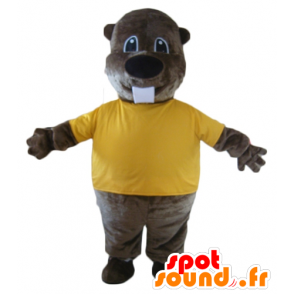 Brun bævermaskot med en gul t-shirt - Spotsound maskot kostume