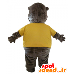 Mascot castor marrom com uma camisa amarela - MASFR23131 - Beaver Mascot