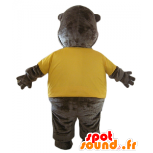 Mascotte de castor marron, avec un t-shirt jaune - MASFR23131 - Mascottes de castor