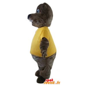 Brun bävermaskot, med en gul t-shirt - Spotsound maskot