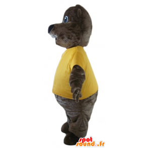 Mascotte de castor marron, avec un t-shirt jaune - MASFR23131 - Mascottes de castor