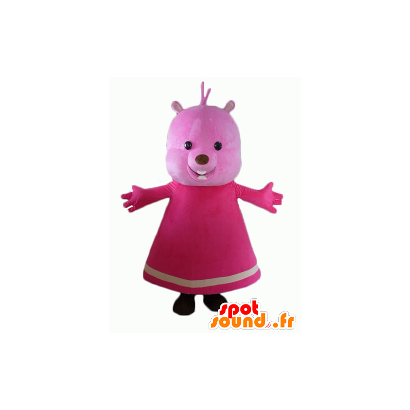 Mascotte de nounours rose, avec une robe - MASFR23132 - Mascotte d'ours