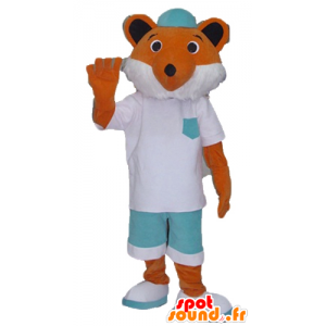 Mascotte de renard orange et blanc, en tenue blanche et verte - MASFR23135 - Mascottes Renard