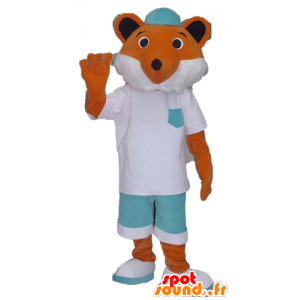 Oranje en witte vos mascotte, witte en groene outfit - MASFR23135 - Fox Mascottes