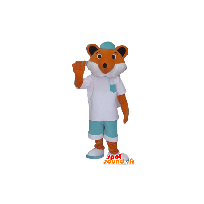 Oranje en witte vos mascotte, witte en groene outfit - MASFR23135 - Fox Mascottes