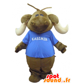 Moose mascot, brown caribou with a blue shirt - MASFR23140 - Animals of the forest