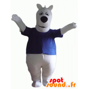 Bílý pes maskot, modrou košili, baculatá a roztomilé - MASFR23148 - psí Maskoti