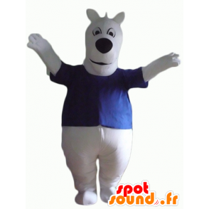Biały pies maskotka, niebieska koszula, pulchny i ​​słodkie - MASFR23148 - dog Maskotki