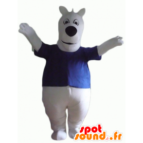 Mascote cão branco, uma camisa azul, gordo e bonito - MASFR23148 - Mascotes cão