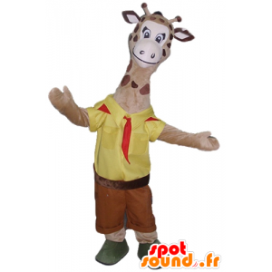 Brown giraffa mascotte, vestito di giallo e rosso esploratore - MASFR23151 - Mascotte di giraffa