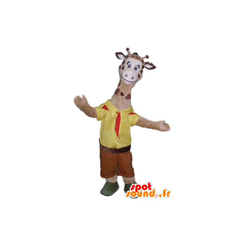 Brown giraffa mascotte, vestito di giallo e rosso esploratore - MASFR23151 - Mascotte di giraffa