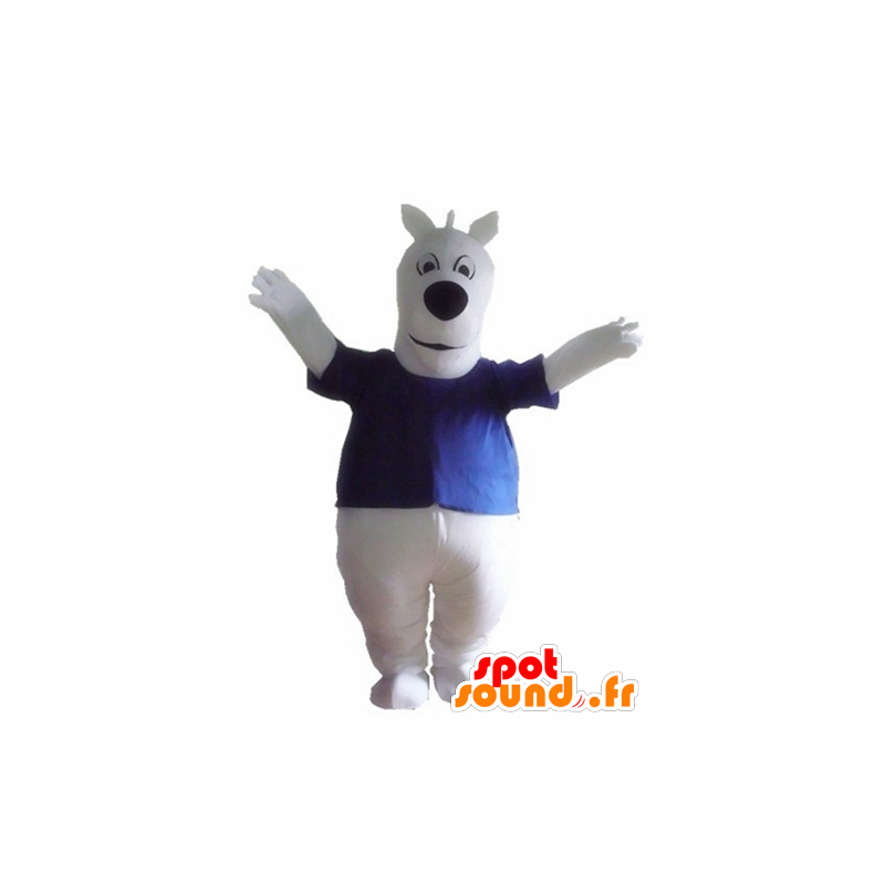 Stor vit hundmaskot, med en blå t-shirt - Spotsound maskot
