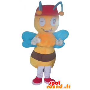 Mascot gele en bruine bij met blauwe vleugels - MASFR23157 - Bee Mascot