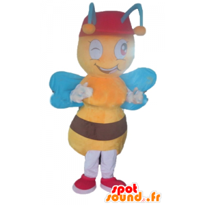 Mascot gul og brun bie med blå vinger - MASFR23157 - Bee Mascot