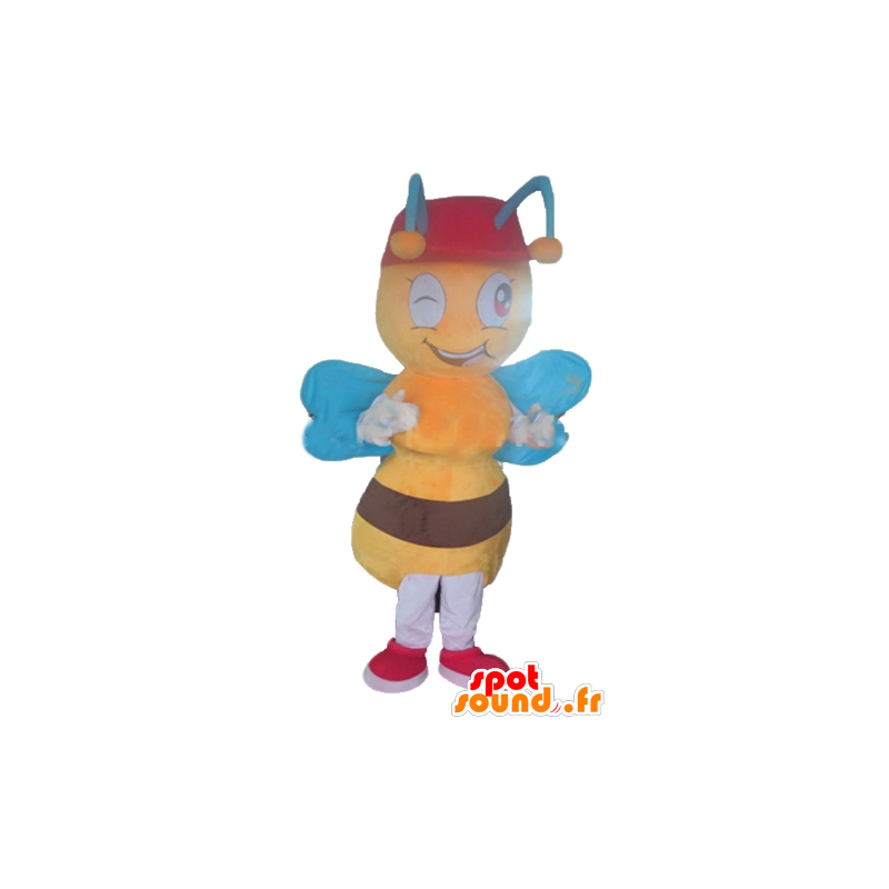 Mascot abelha amarela e marrom com asas azuis - MASFR23157 - Bee Mascot
