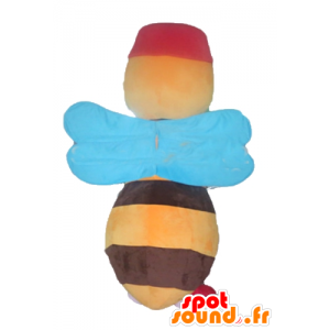 Gul och brun binmaskot med blå vingar - Spotsound maskot