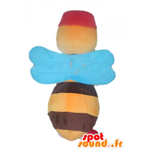 Mascot gelben und braunen Biene mit blauen Flügeln - MASFR23157 - Maskottchen Biene