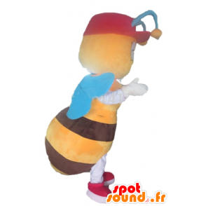 Gul og brun bi-maskot med blå vinger - Spotsound maskot kostume