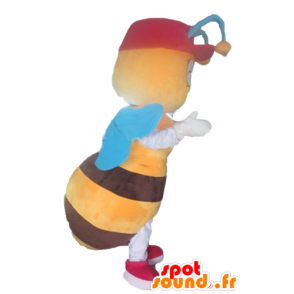 Maskot žluté a hnědé včela s modrými křídly - MASFR23157 - Bee Maskot