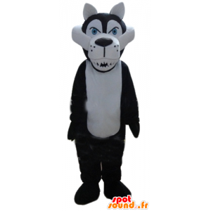 Hvid og sort ulvemaskot ser hård ud - Spotsound maskot kostume