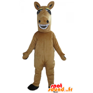 Mascot cavalo marrom e branco, gigante e sorrindo em mascotes