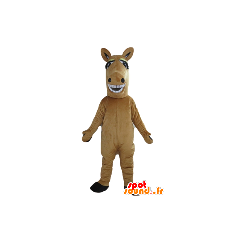 Mascot cavalo marrom e branco, gigante e sorrindo em mascotes