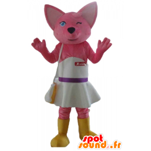 Mascotte de chat rose, de renard, avec une robe blanche - MASFR23168 - Mascottes de chat