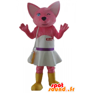 Rosa mascote gato, raposa, com um vestido branco - MASFR23168 - Mascotes gato