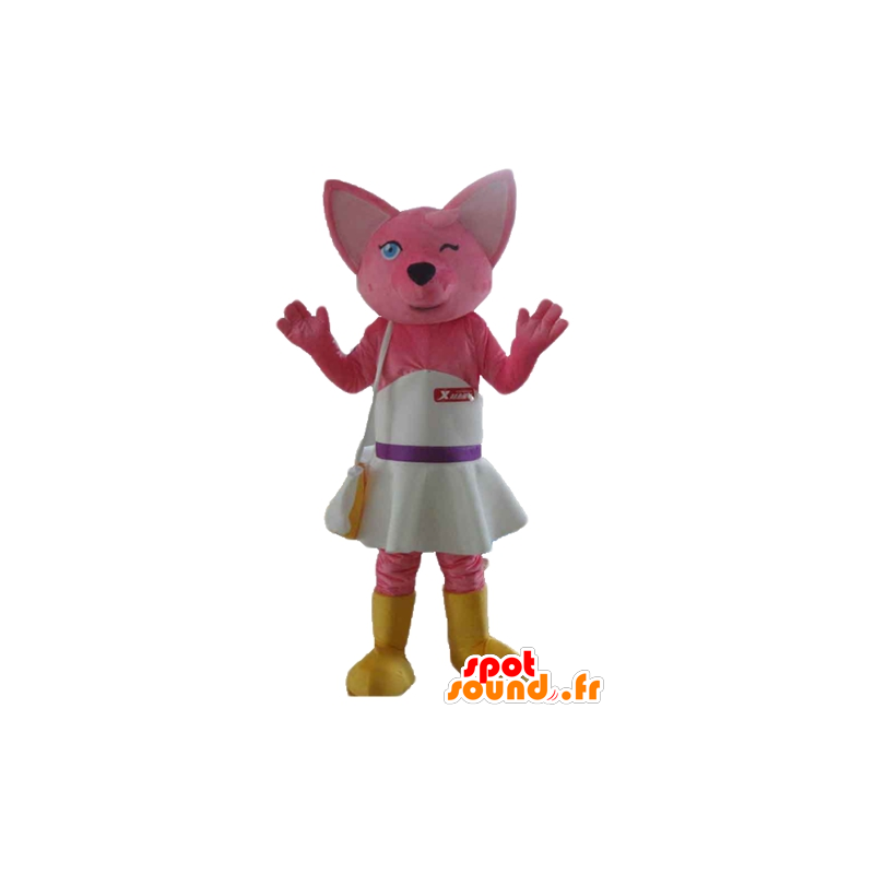 Mascotte de chat rose, de renard, avec une robe blanche - MASFR23168 - Mascottes de chat